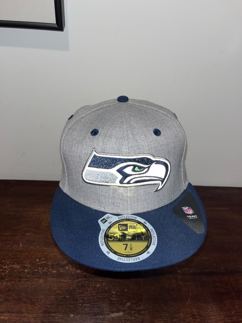 New Era Gray Blue Reflective Rare Logi Sewn Seattle Seahawks Fitted 7 1/8 B